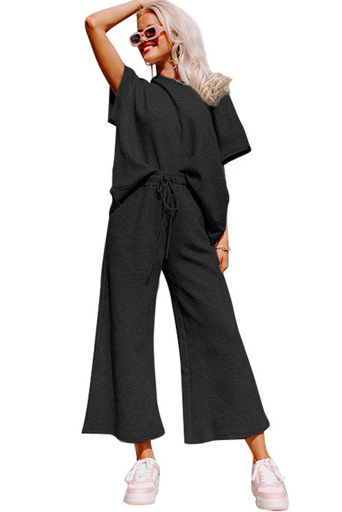 Textured Loose Fit T Shirt and Drawstring Pants Set